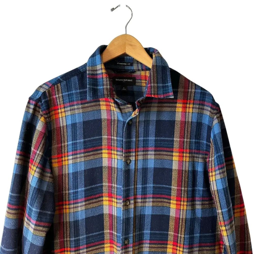 Banana Republic Mens Flannel Standard Plaid Long Sleeve Button Up Blue Multi L